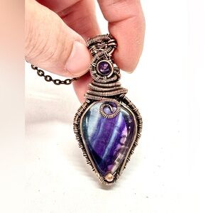 HAND CRAFTED Fluorite Amethyst Wire Wrapped Copper Pendant Necklace, Handmade